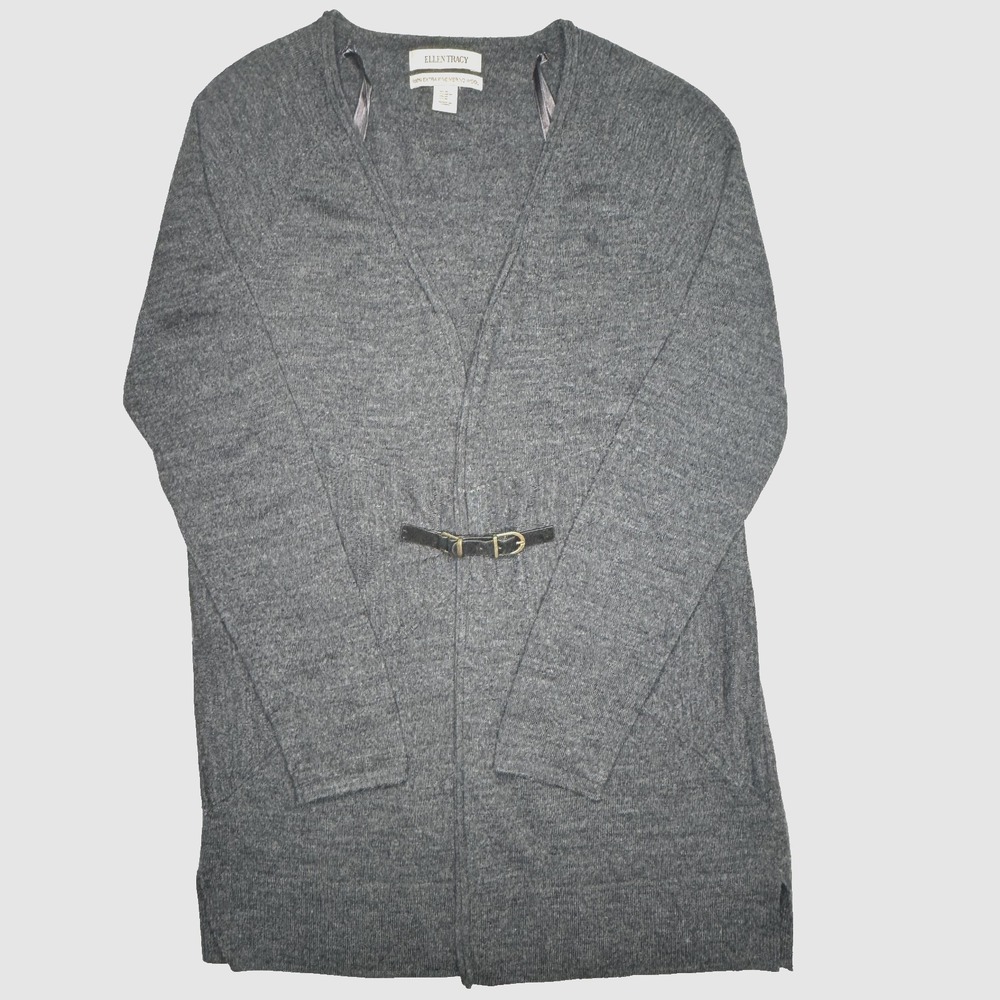 Ellen Tracy Sweater Womens Medium Gray Merino Wool Belted Open Front Cardigan